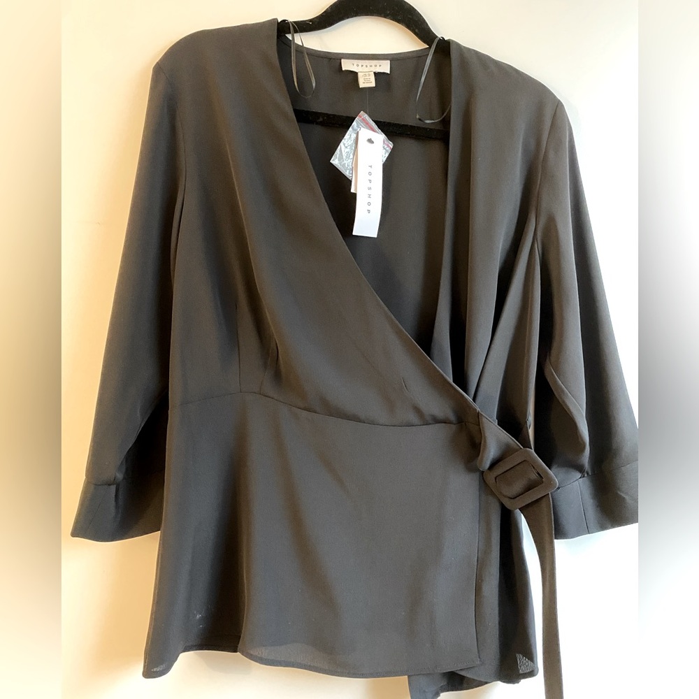 Topshop black  Wrap Blouse with Three-Quarter Sleeves